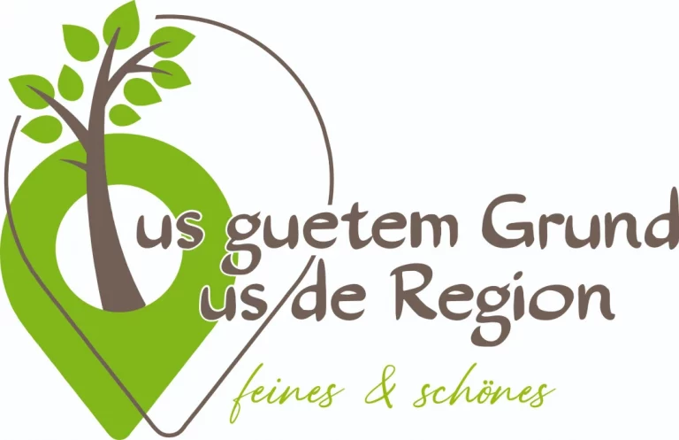 Logo bestehend aus Baum, Marker und Schriftzug "us guetem Grund us de Region"