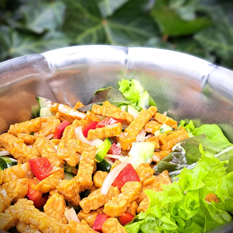 Salat mit knusprigem Tempeh, Peperoni und Gurkenstückchen