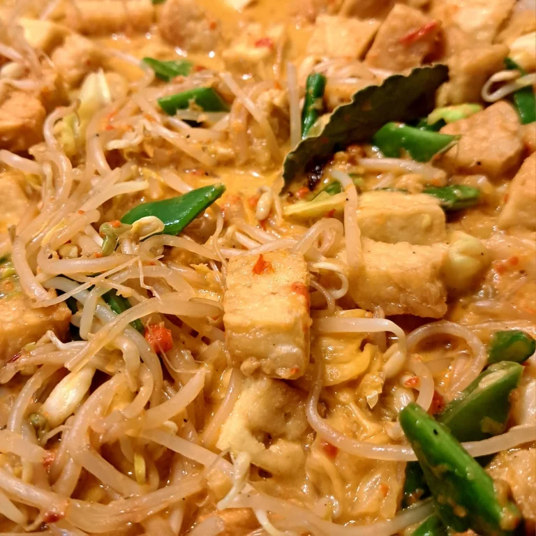 Tempeh, Mungobohnensprossen, Schneebohnen und Chilis in Sauce