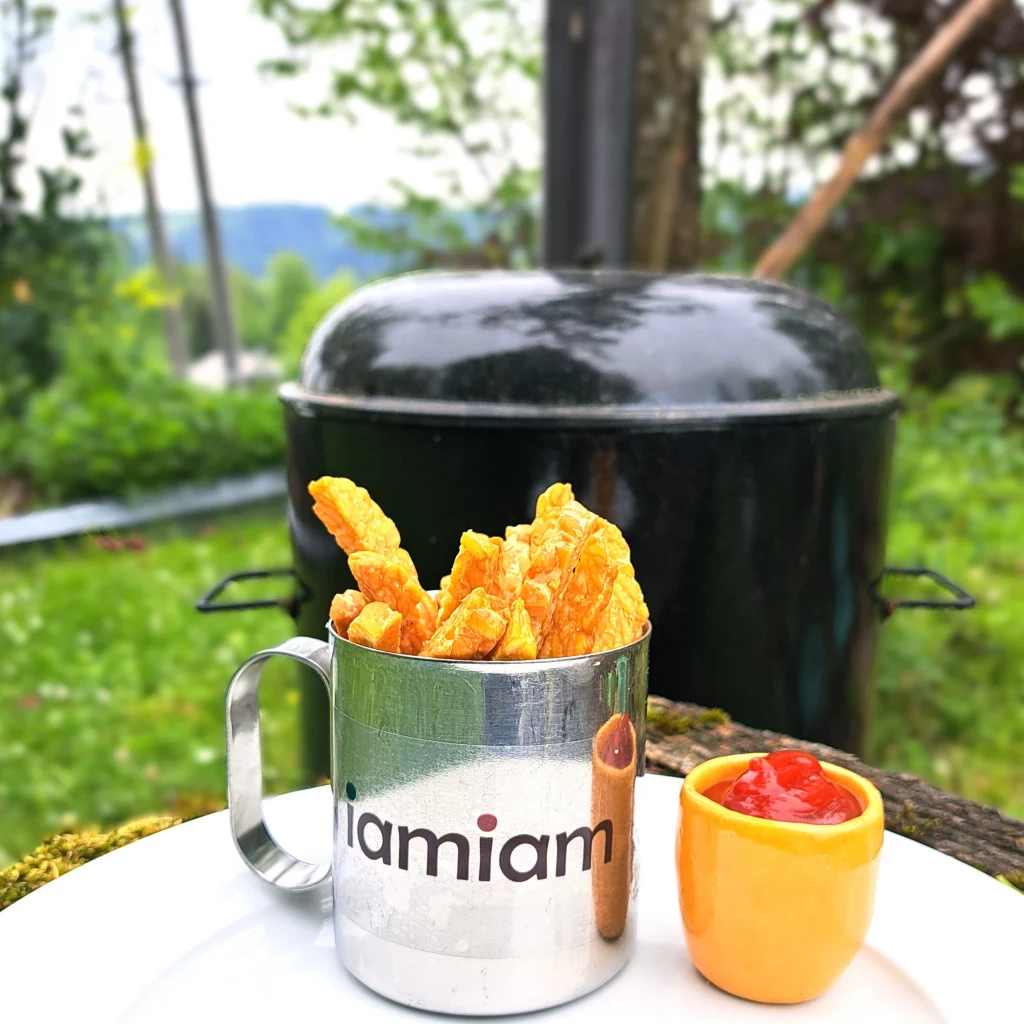 Knusprige Tempeh-Fritten in einer Metalltasse mit iamiam-Logo, serviert auf einem Teller neben einem kleinen Schälchen mit Ketchup, im Hintergrund ein Grill und grüne Wiese.