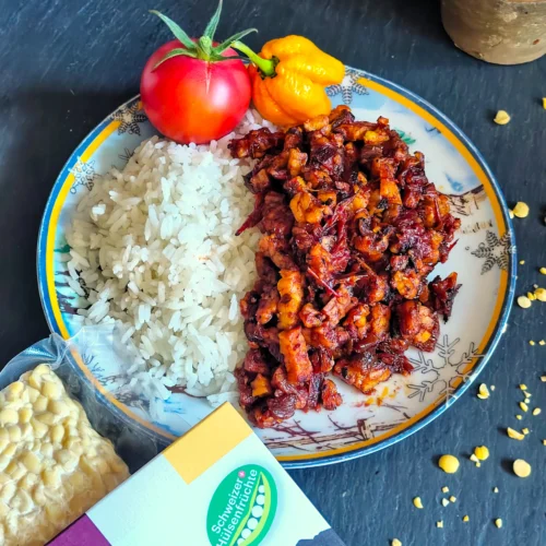 Ein serviertes indonesisches Tempeh-Gericht auf einem gemusterten Teller mit einer Portion weissem Reis, einer frischen Tomate und einer gelben Habanero-Chili. Daneben liegt die Verpackung von „iamiam Soja-Tempeh“ aus Schweizer Hülsenfrüchten mit einem sichtbaren Stück rohem Tempeh.